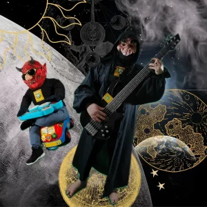 artist musician horny machiavelli with his bass guitar and dj lucifer in the universe